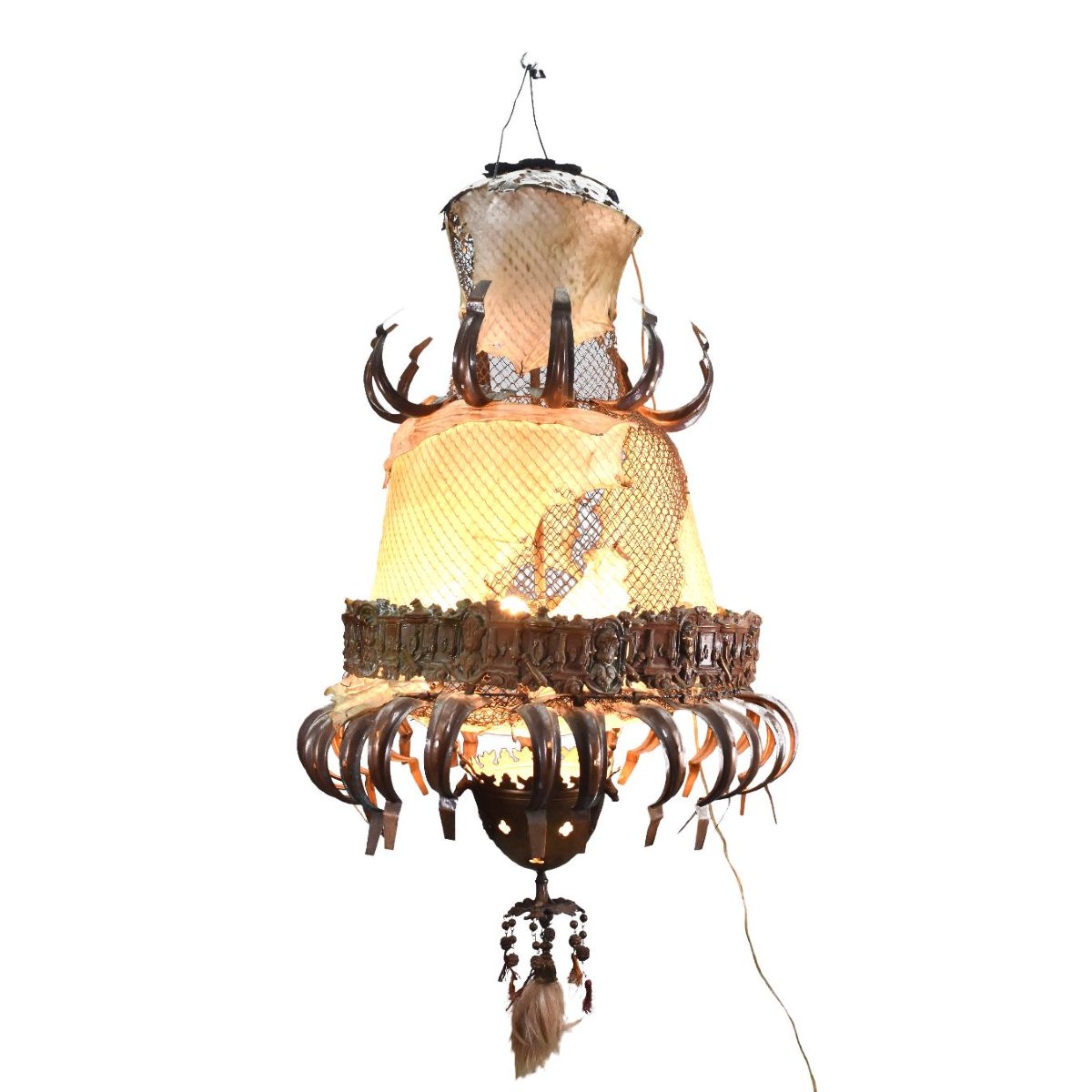 Lustre sculpture tribal maker Michel Haillard peau et grillages-photo-8