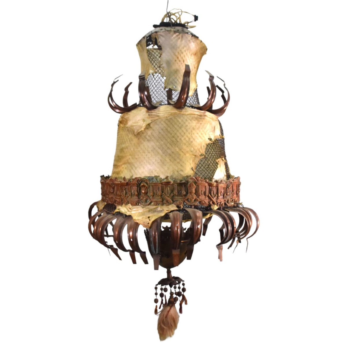 Lustre sculpture tribal maker Michel Haillard peau et grillages