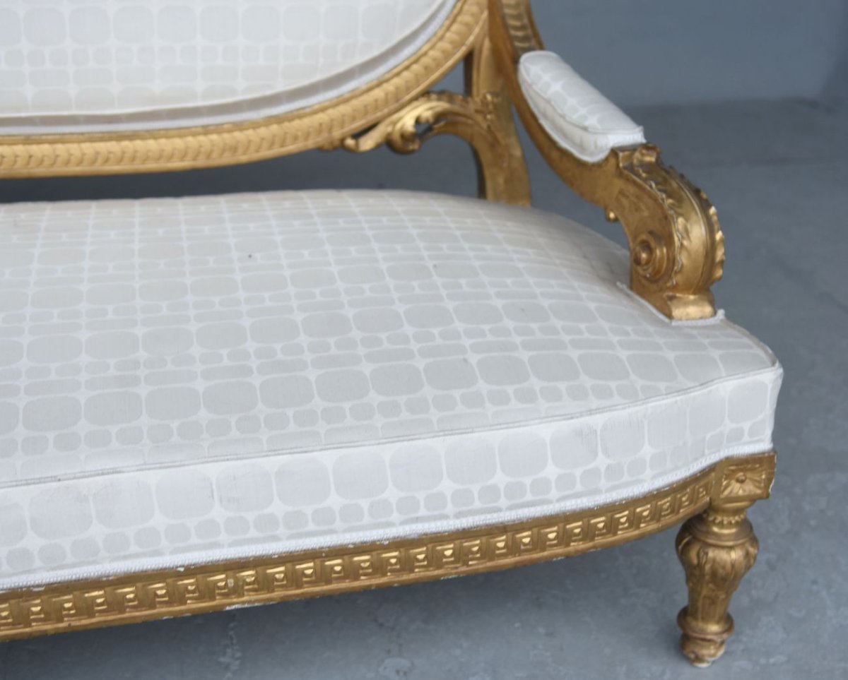Banquette basse en bois doré de style Louis XVI époque Napoléon III-photo-5