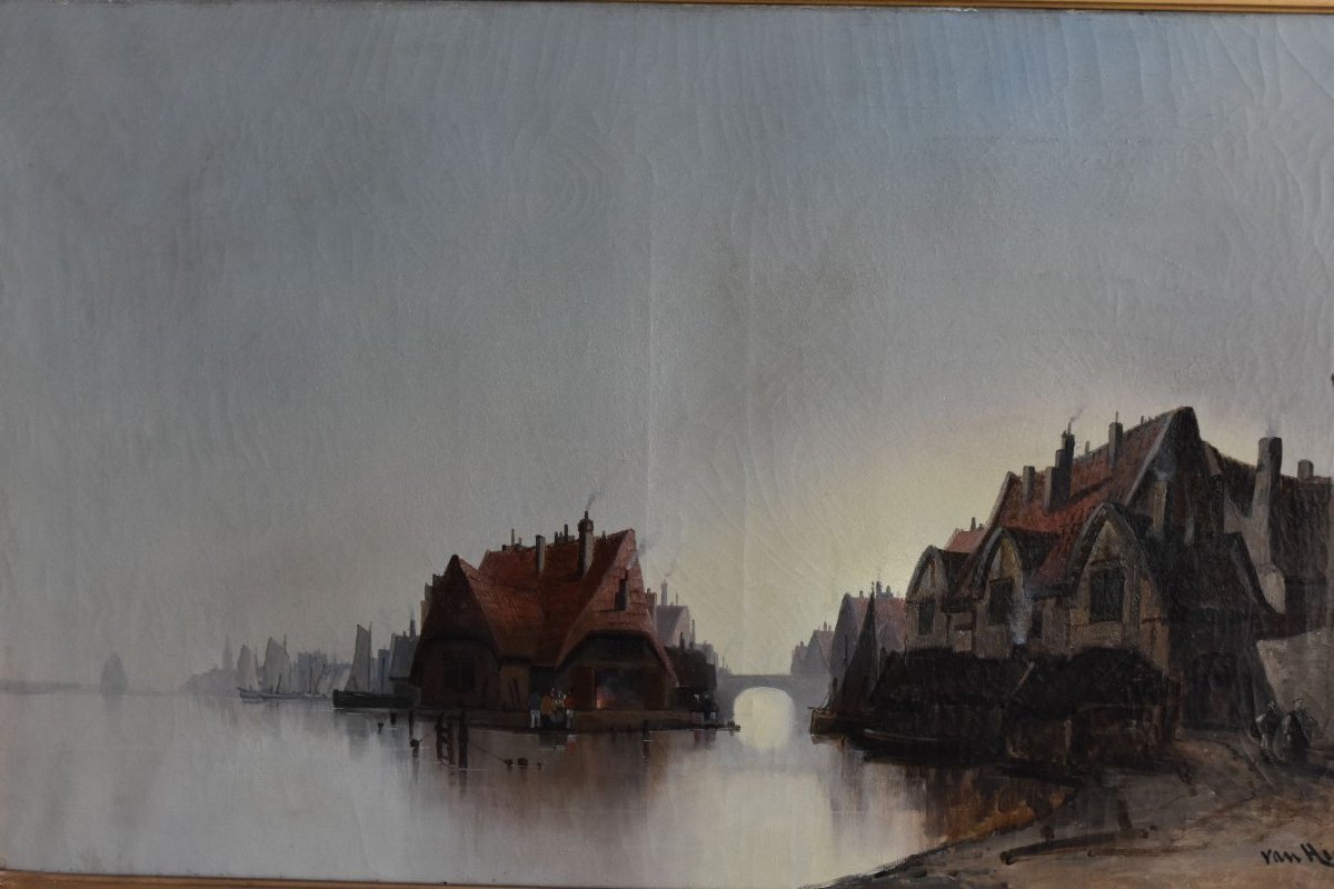 Peinture Flamande scène lacustre signée Van Hier-photo-3