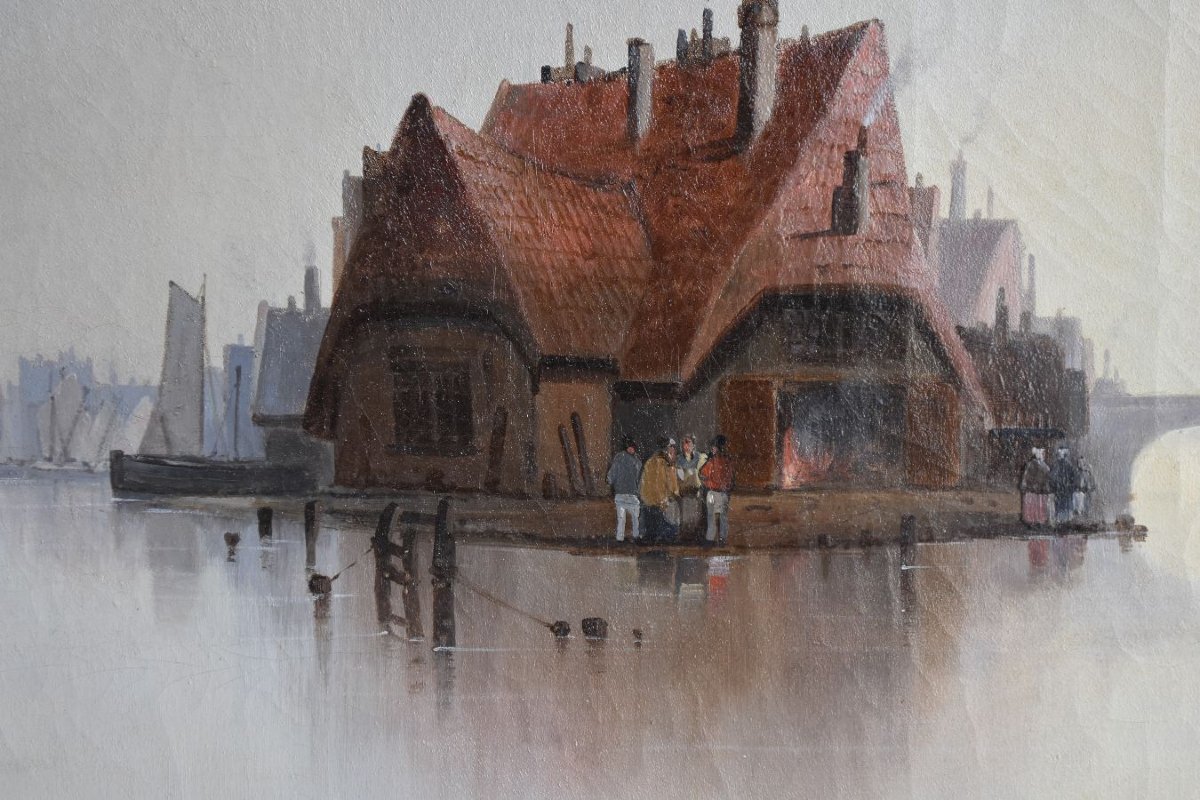 Peinture Flamande scène lacustre signée Van Hier-photo-1
