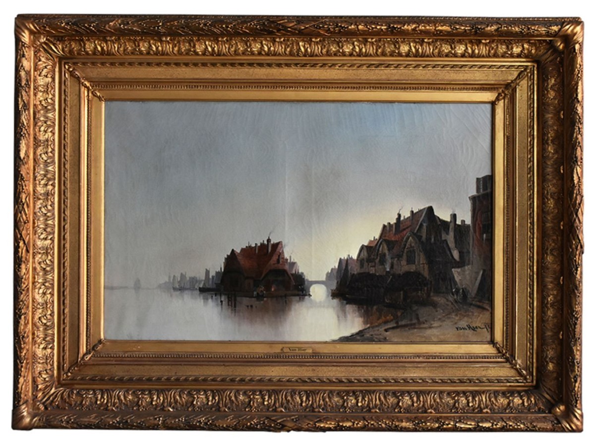Peinture Flamande scène lacustre signée Van Hier