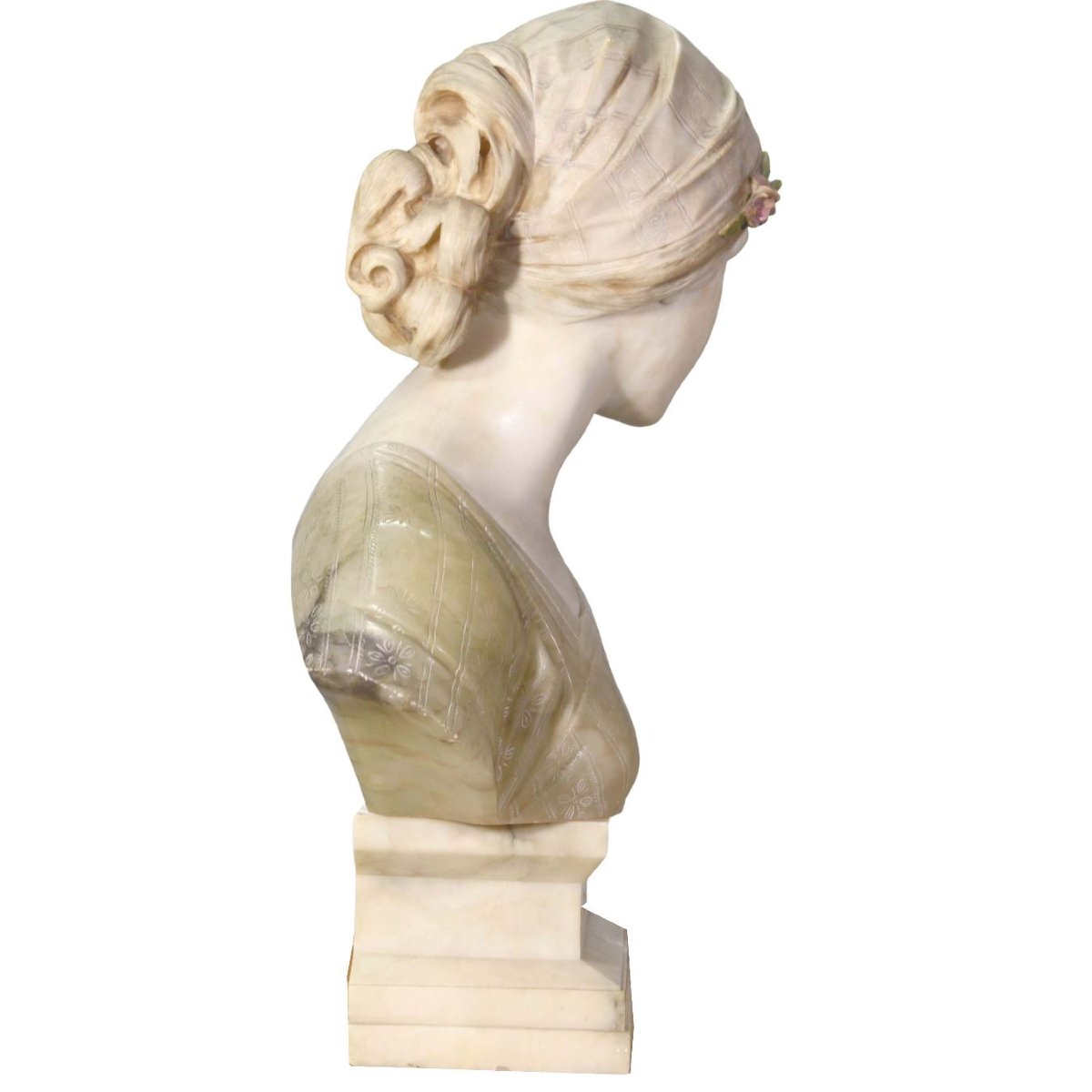 Buste de jeune femme Primavera en marbre et albâtre-photo-1