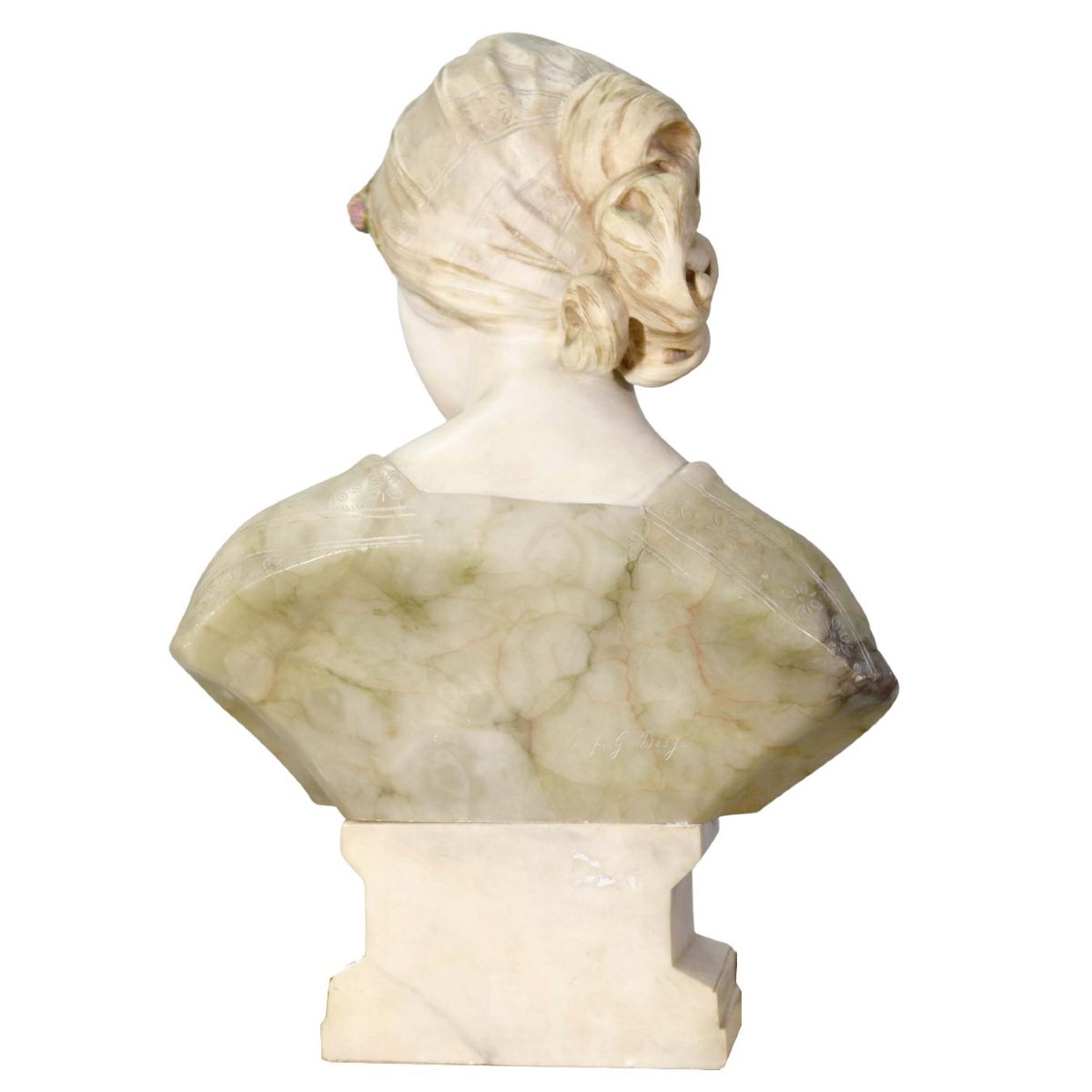 Buste de jeune femme Primavera en marbre et albâtre-photo-2