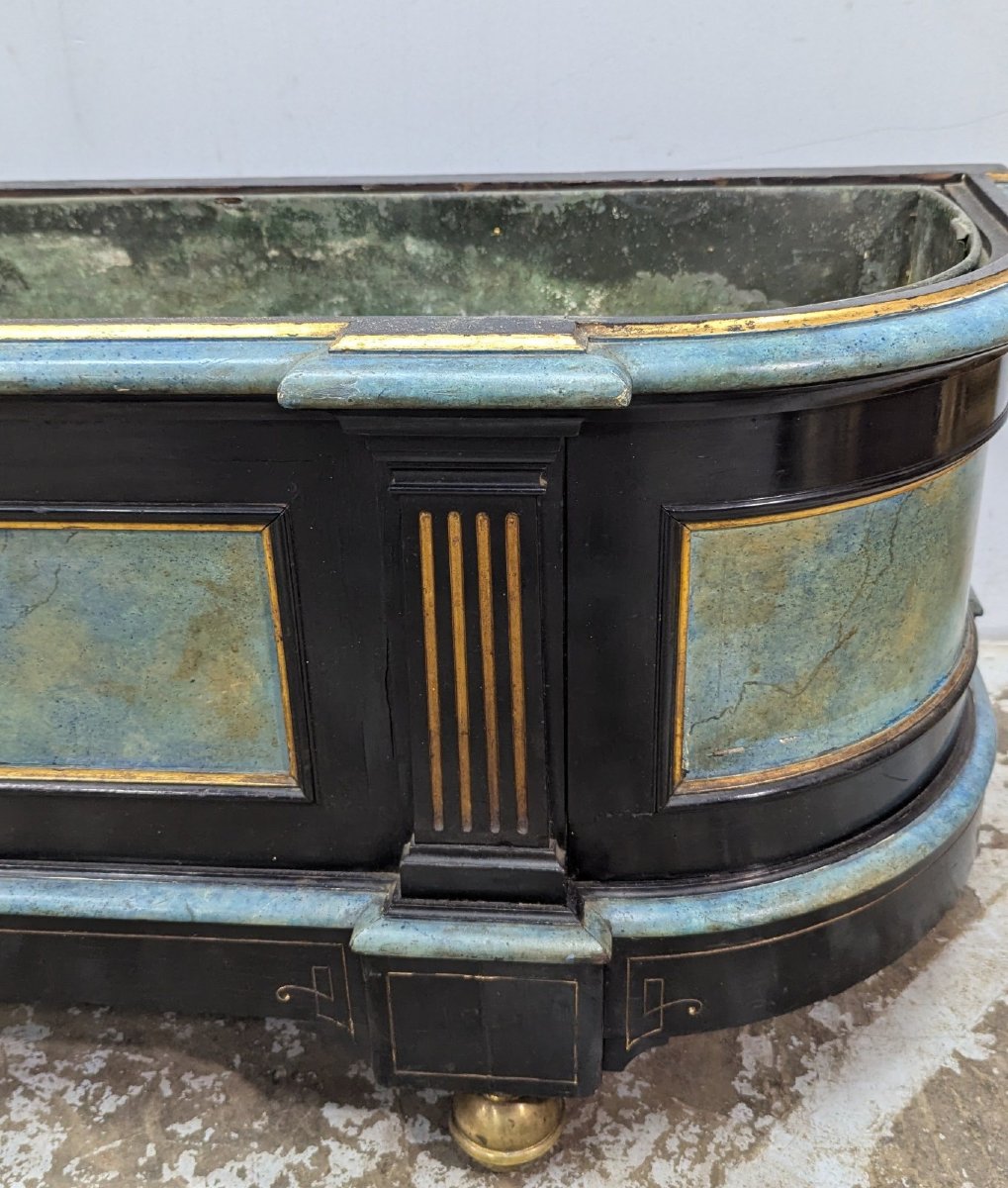 Napoleon III Planter In Blackened Pearwood, Brass Fillet And Wedgewood Porcelain 19th Century-photo-3