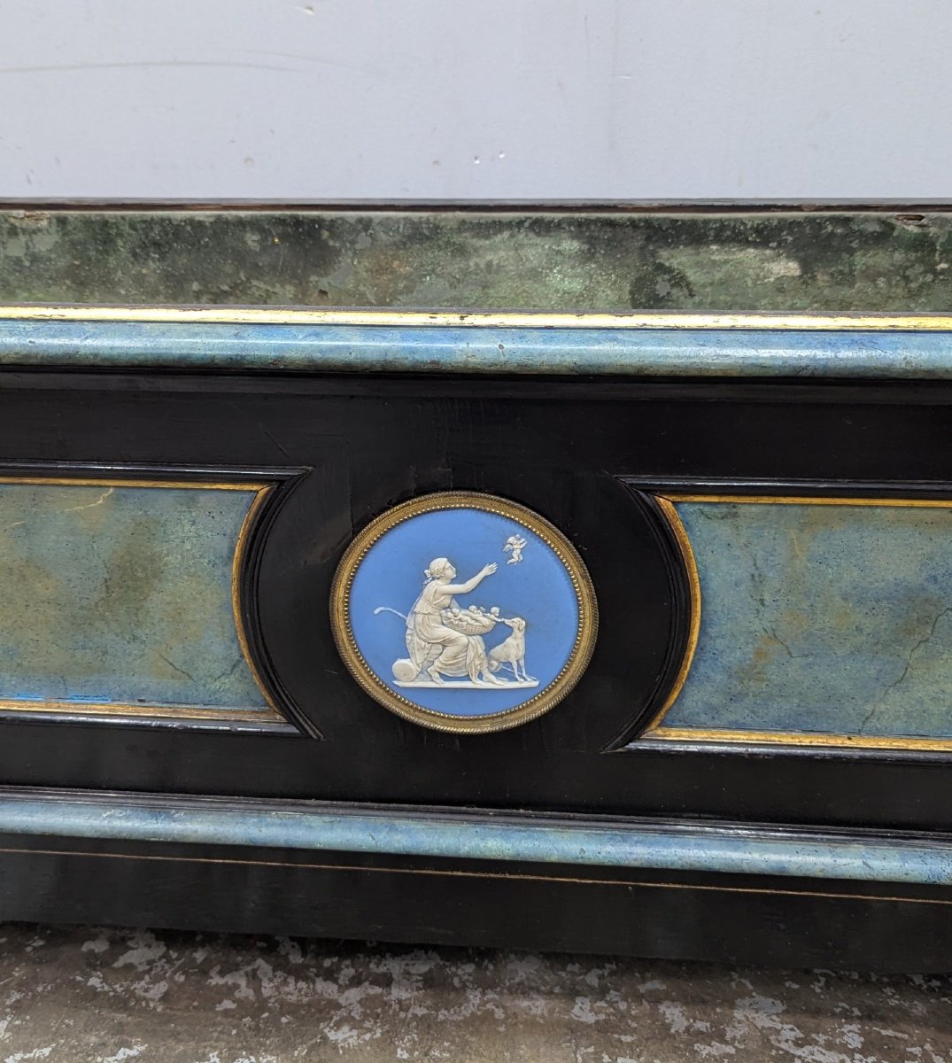 Napoleon III Planter In Blackened Pearwood, Brass Fillet And Wedgewood Porcelain 19th Century-photo-4