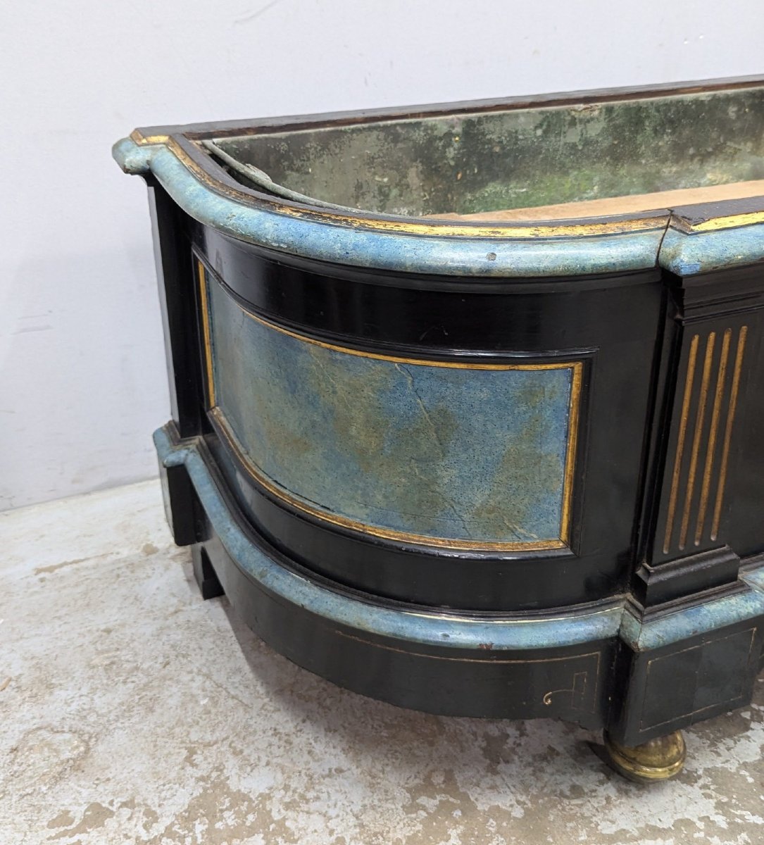 Napoleon III Planter In Blackened Pearwood, Brass Fillet And Wedgewood Porcelain 19th Century-photo-3