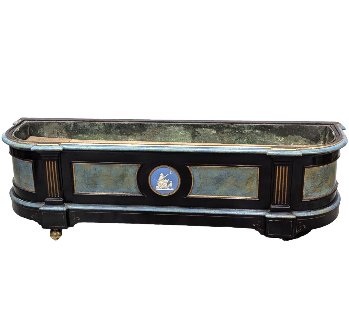 Napoleon III Planter In Blackened Pearwood, Brass Fillet And Wedgewood Porcelain 19th Century