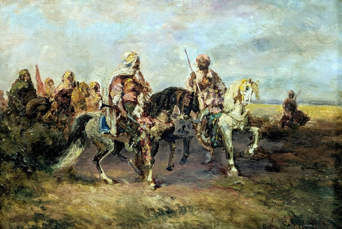 Huile sur panneau orientaliste fantasia cavaliers bédouins signé E. Fromentin-photo-2