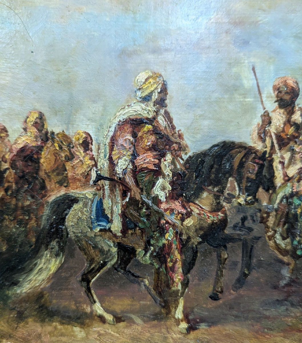 Huile sur panneau orientaliste fantasia cavaliers bédouins signé E. Fromentin-photo-3