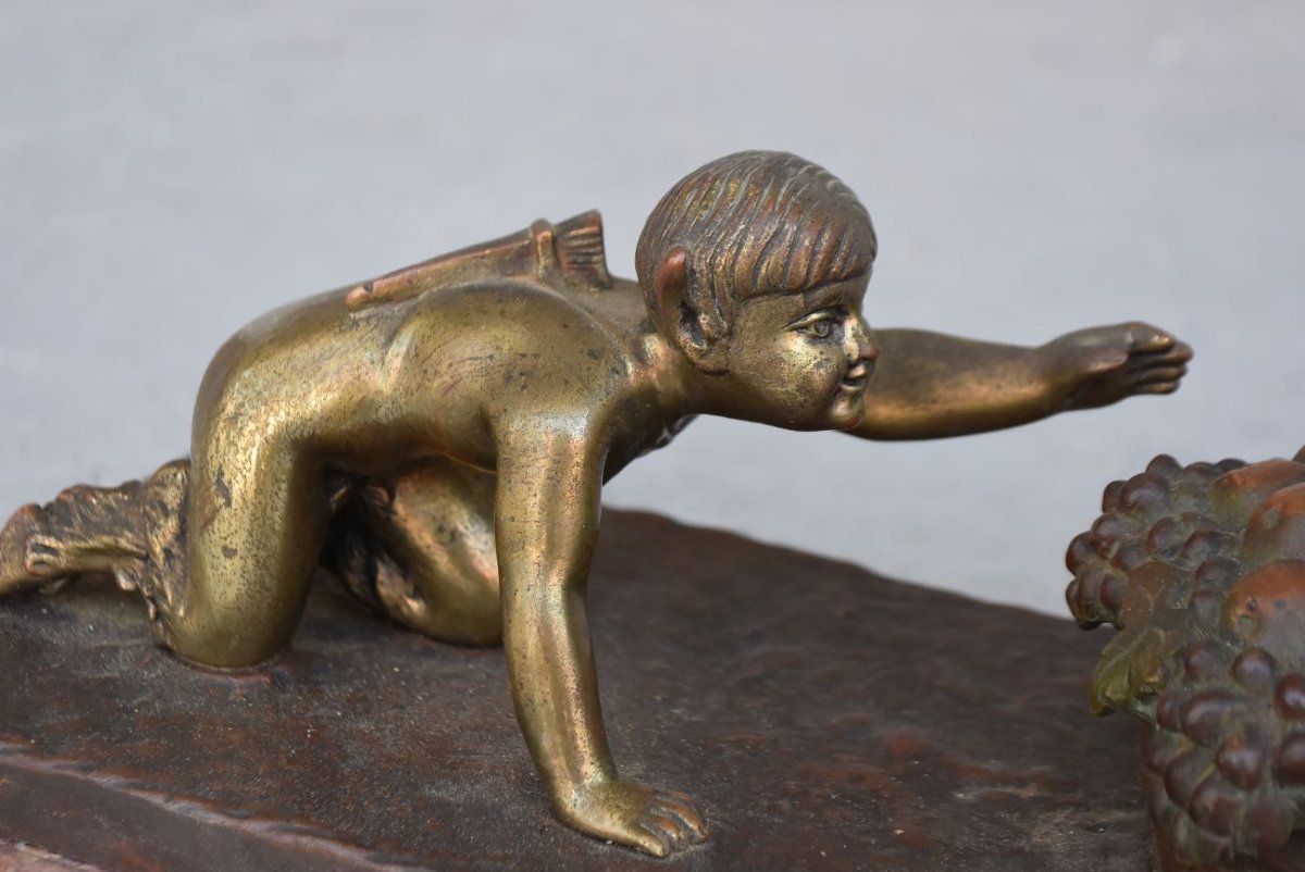 Bronze Art déco patine doré jeune fille au faune par Henry Fugère-photo-2