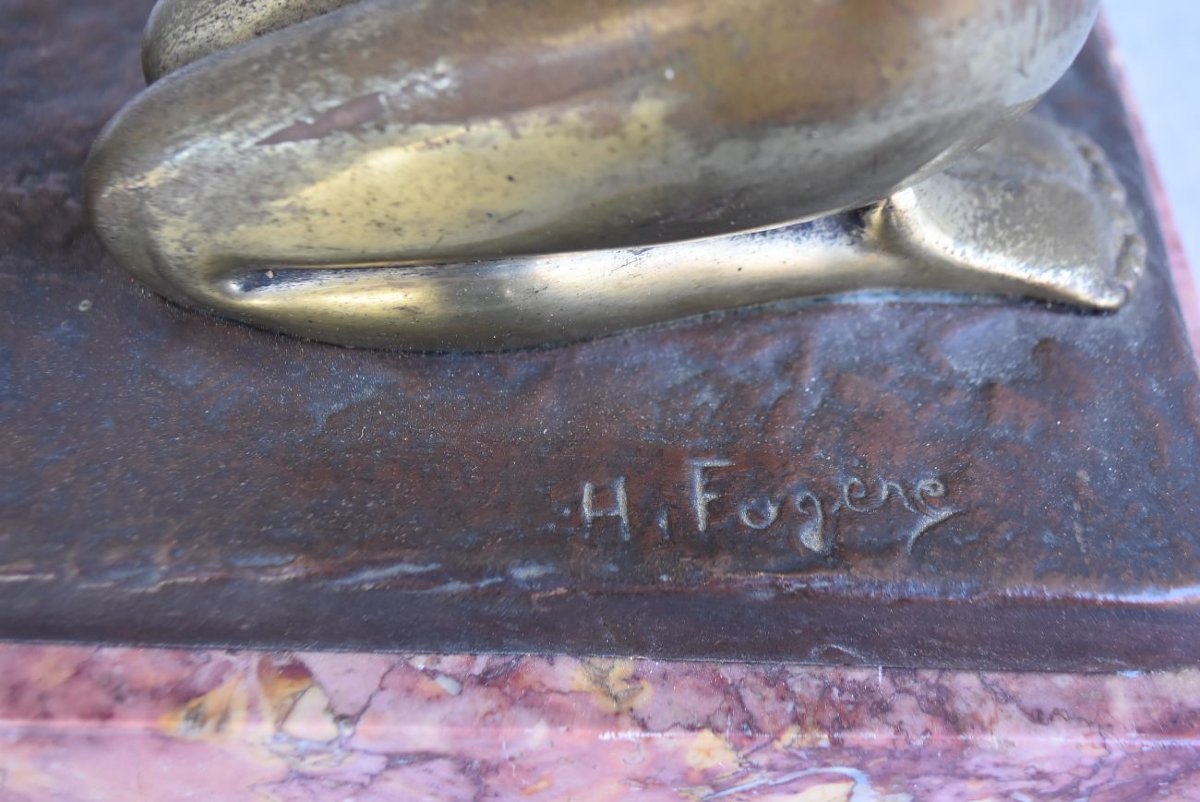 Bronze Art déco patine doré jeune fille au faune par Henry Fugère-photo-1