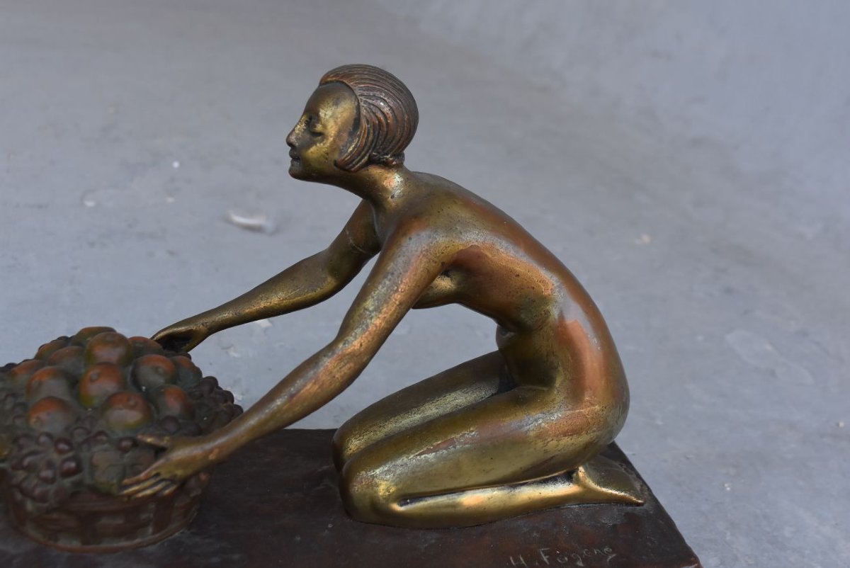 Bronze Art déco patine doré jeune fille au faune par Henry Fugère-photo-2