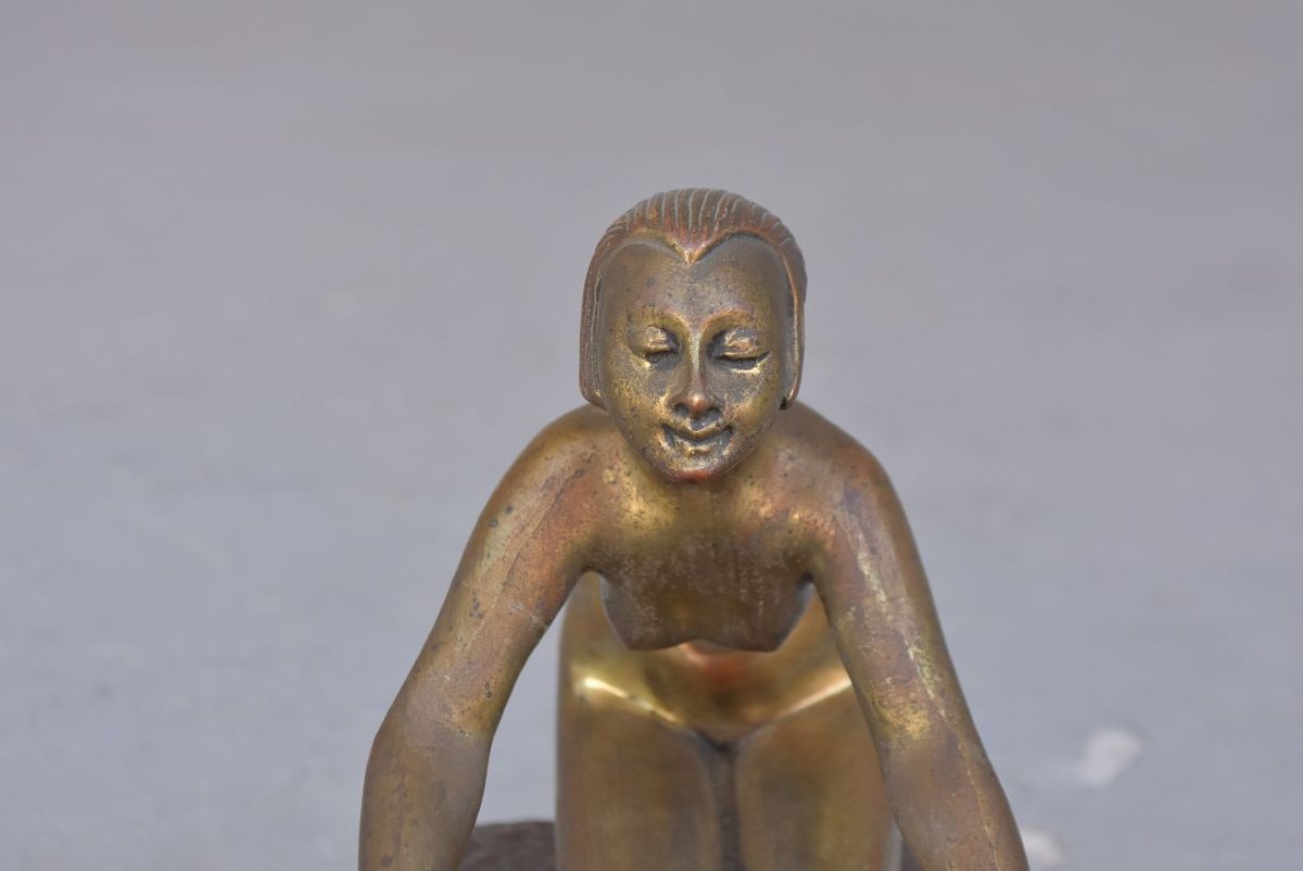 Bronze Art déco patine doré jeune fille au faune par Henry Fugère-photo-4