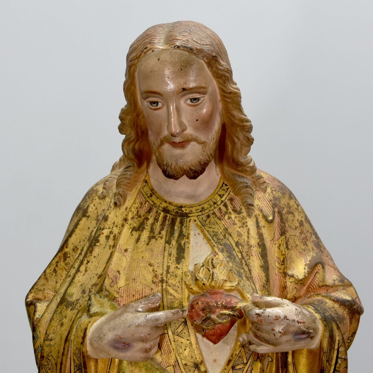 Polychrome Cast-iron Statue Of Christ (sacred Heart) 19th Century-photo-3