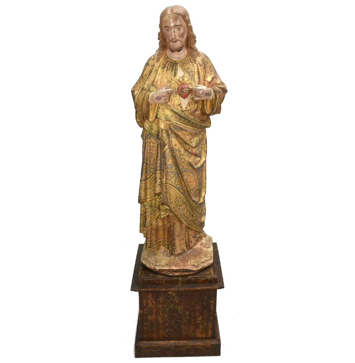 Polychrome Cast-iron Statue Of Christ (sacred Heart) 19th Century