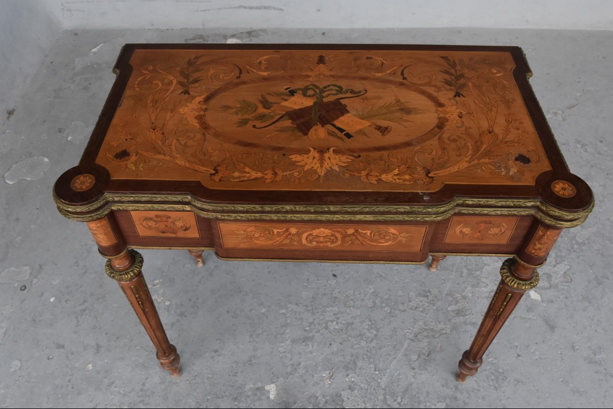 Table à jeu à système Napoléon III marquetée XIXème-photo-2