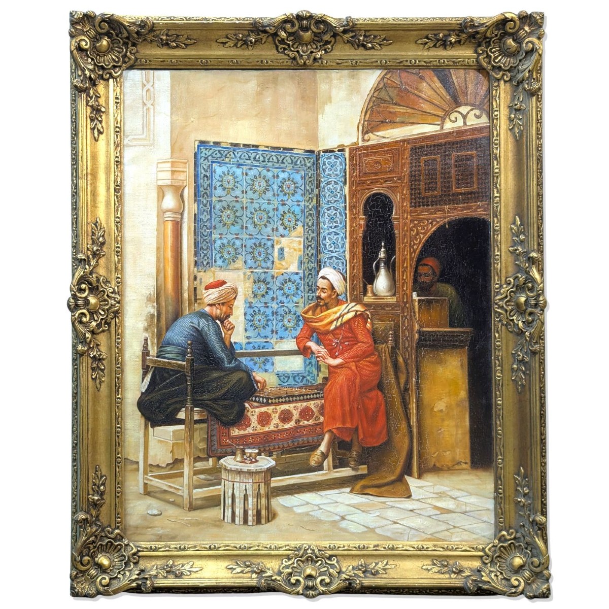 Huile sur panneau orientaliste joueurs d'échecs