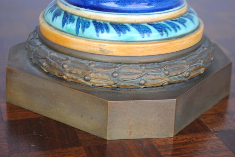 Lampes à pétrole fin XIXème majolique Italienne (paire)-photo-7