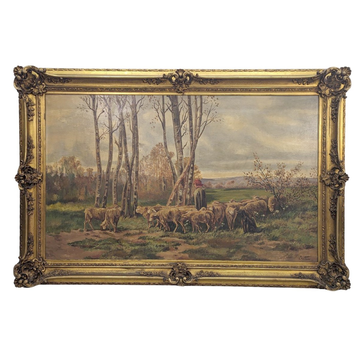 Grand tableau scène pastorale XIXème dans un grand cadre à oreilles