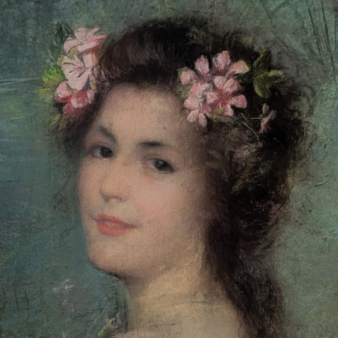 Portrait de jeune fille pastel école belge Fernande de Mertens-photo-2