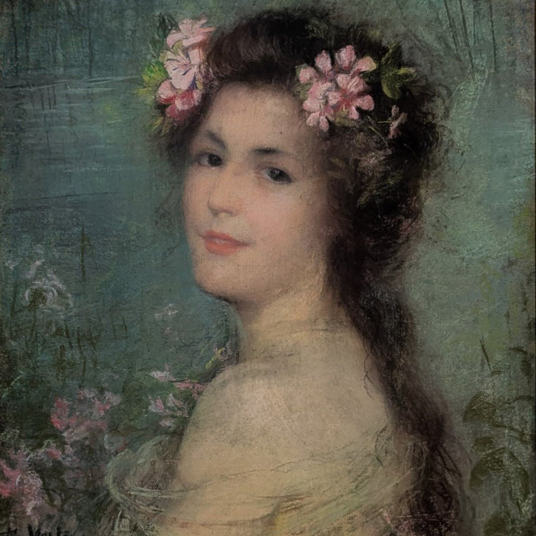 Portrait de jeune fille pastel école belge Fernande de Mertens-photo-3