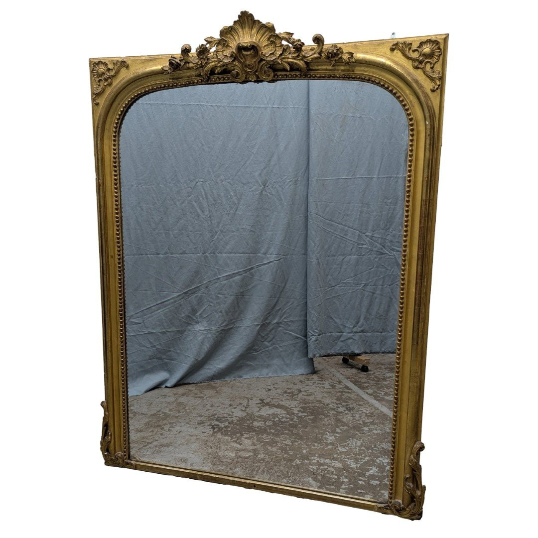 Miroir Napoléon III en bois et stuc doré à la feuille d'or-photo-2