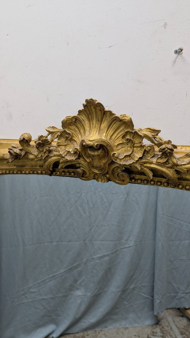 Miroir Napoléon III en bois et stuc doré à la feuille d'or-photo-2