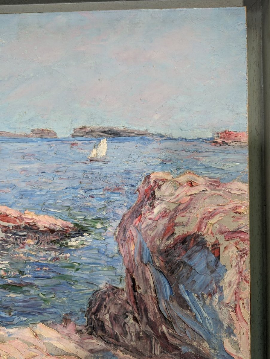 Huile sur toile pointilliste marine par Henri Grallan-photo-3