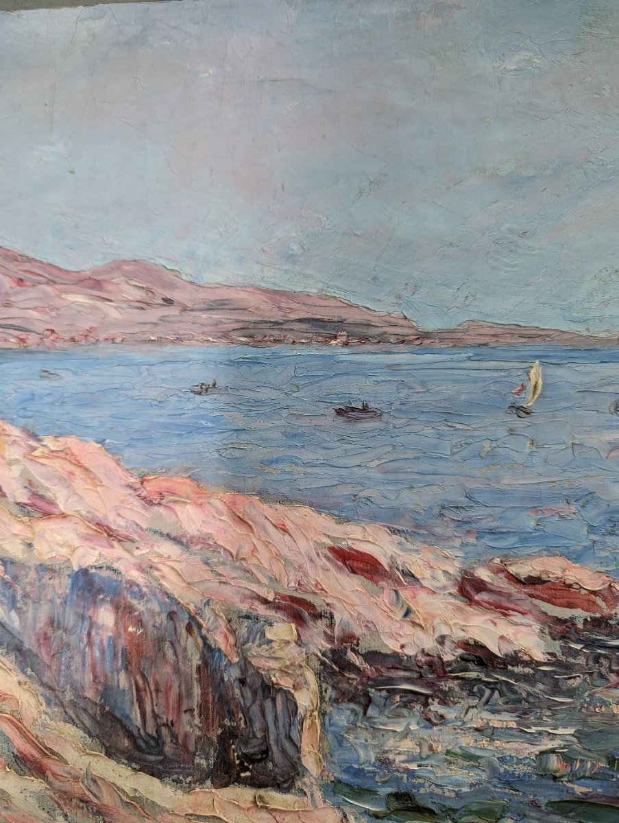 Huile sur toile pointilliste marine par Henri Grallan-photo-2