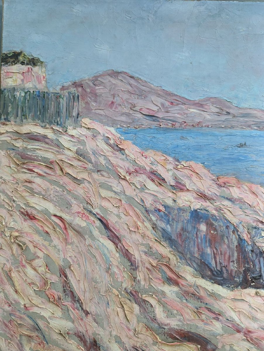 Huile sur toile pointilliste marine par Henri Grallan-photo-3