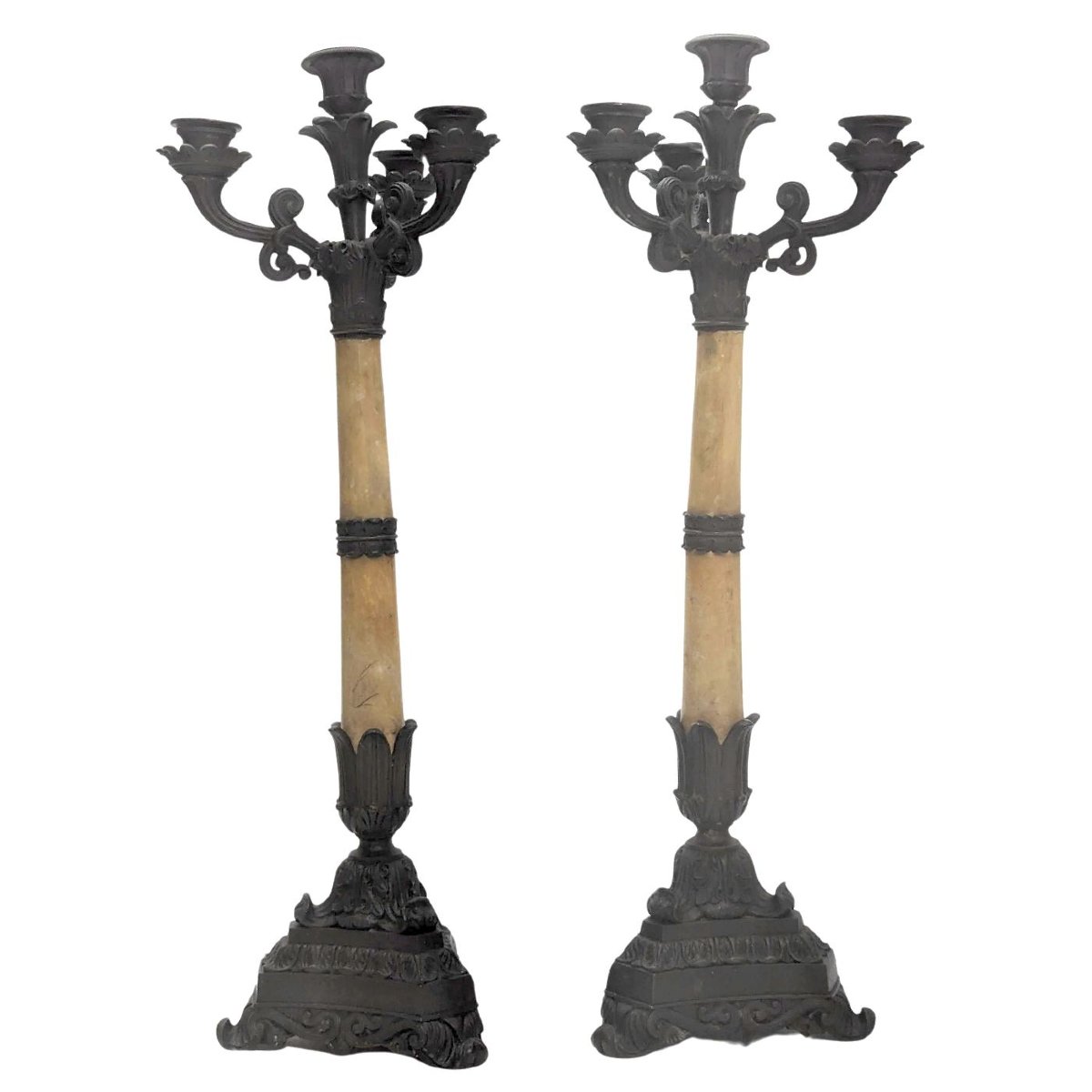 Pair Of Restoration Candlesticks In Onyx And Patinated Bronze-photo-2