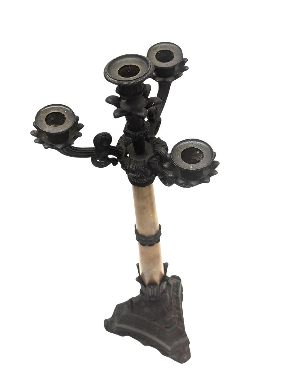 Pair Of Restoration Candlesticks In Onyx And Patinated Bronze-photo-3