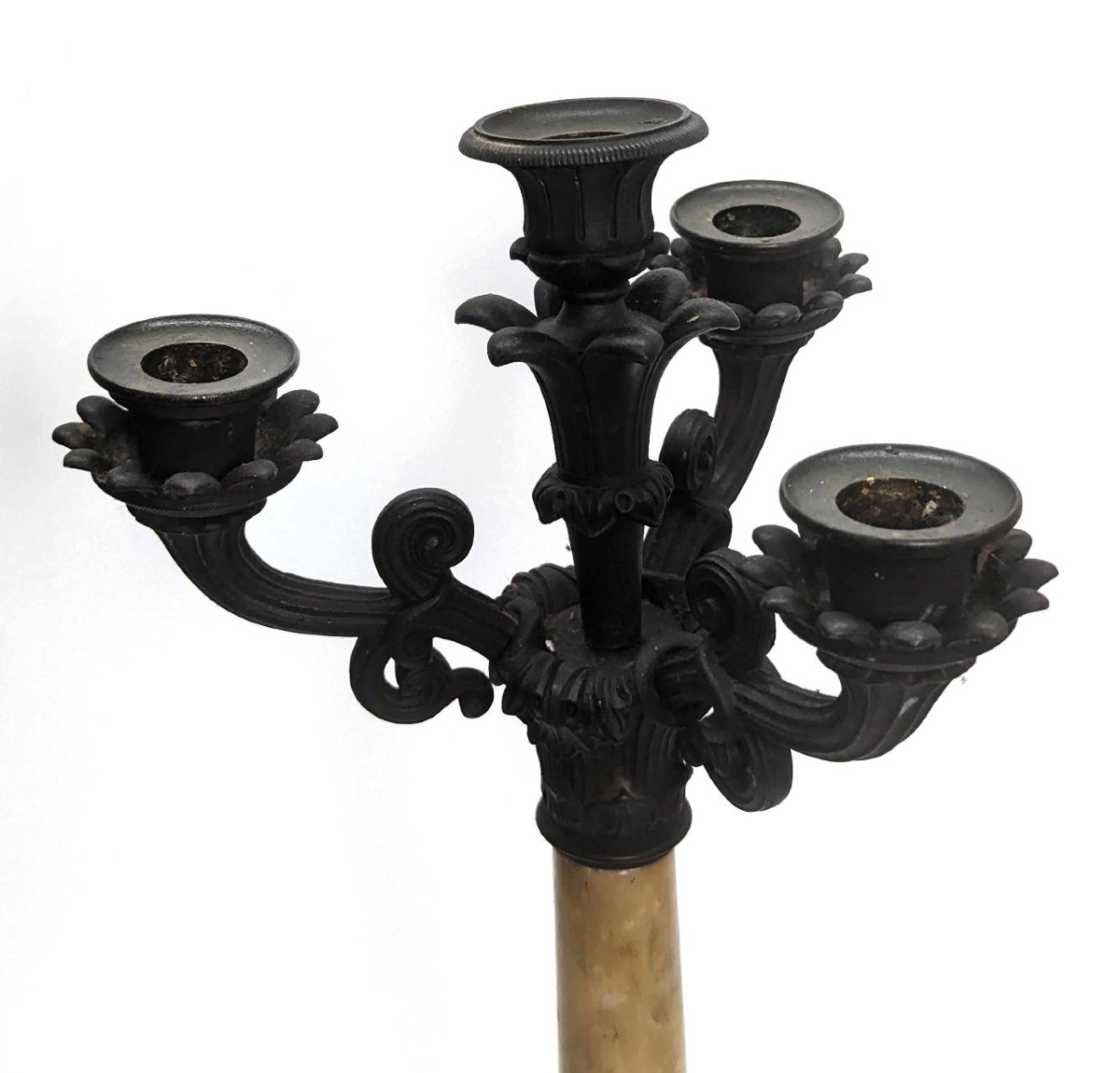 Pair Of Restoration Candlesticks In Onyx And Patinated Bronze-photo-1