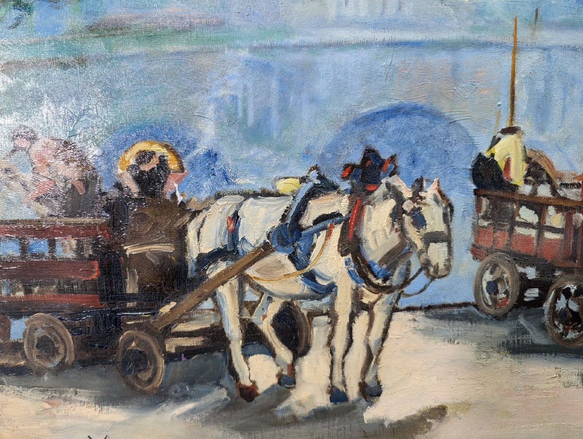 Scène Parisienne bord de Seine Gustave Madelain peinture à l'huile-photo-3