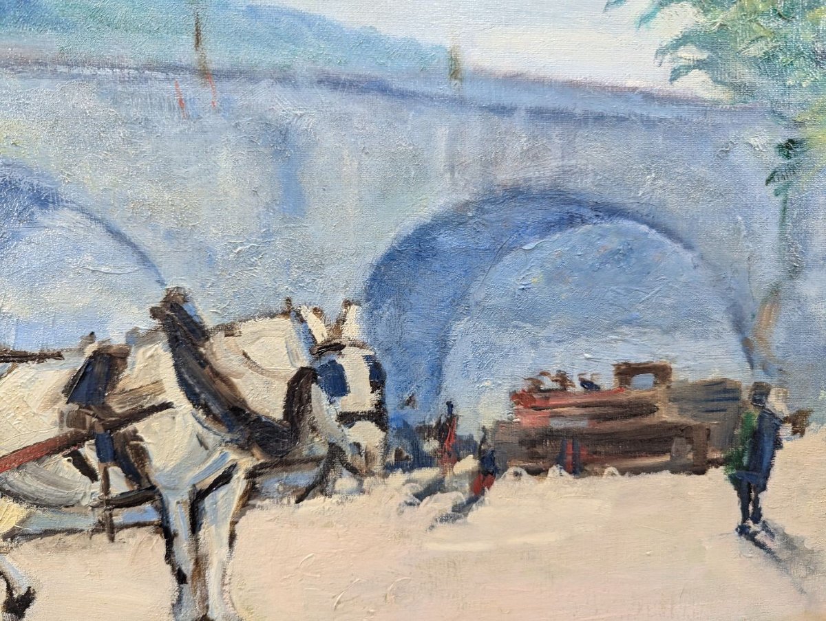 Scène Parisienne bord de Seine Gustave Madelain peinture à l'huile-photo-1