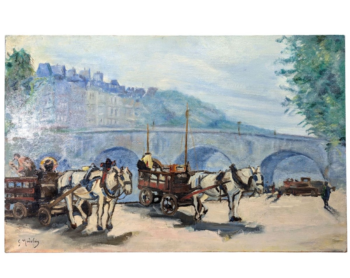 Scène Parisienne bord de Seine Gustave Madelain peinture à l'huile