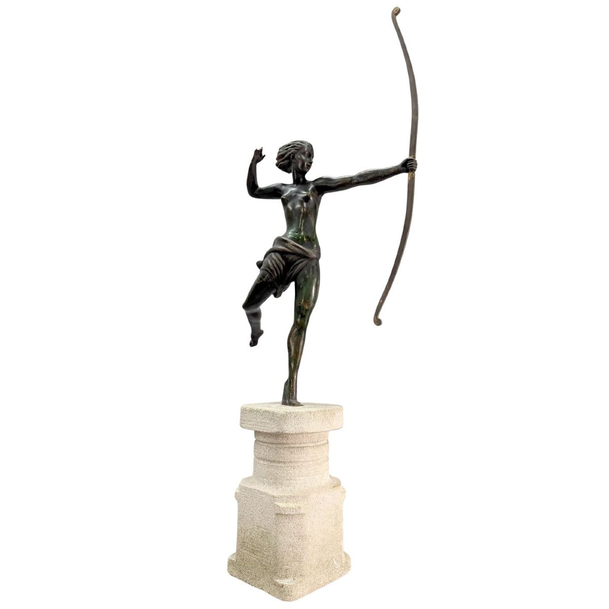 Archère Diane Chasseresse bronze Art déco socle pierre de rogne-photo-2