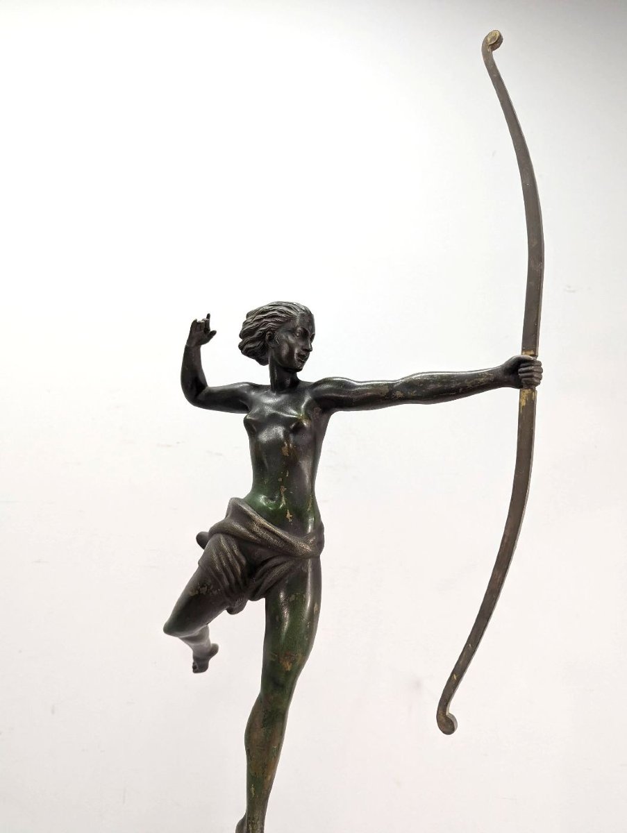 Archère Diane Chasseresse bronze Art déco socle pierre de rogne-photo-1