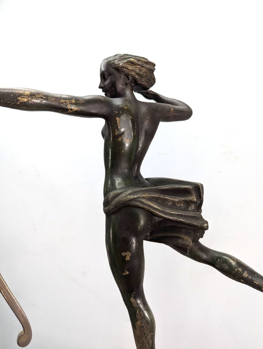 Archère Diane Chasseresse bronze Art déco socle pierre de rogne-photo-2