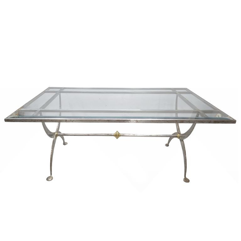 Brushed Steel And Brass Dining Table With Glass Top