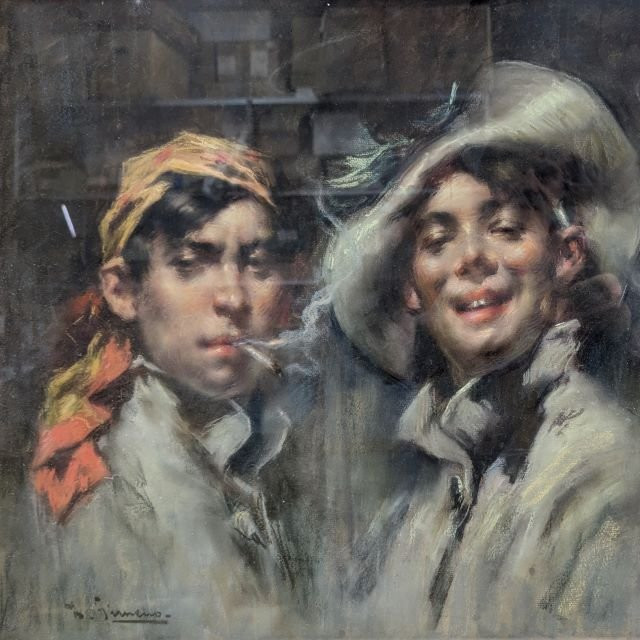 Andrès Gimeno Trois jeunes hommes rieurs Pastel 1900-photo-3