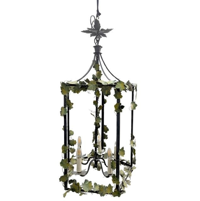 Hanging Lantern In Patinated Wrought Iron Decorated With Vine Foliage - Italian Or French Work-photo-2