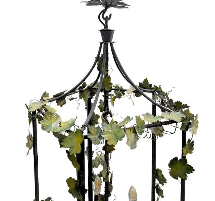 Hanging Lantern In Patinated Wrought Iron Decorated With Vine Foliage - Italian Or French Work-photo-3