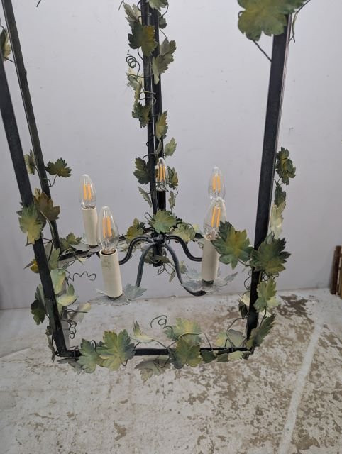 Hanging Lantern In Patinated Wrought Iron Decorated With Vine Foliage - Italian Or French Work-photo-4
