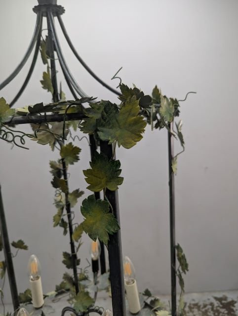 Hanging Lantern In Patinated Wrought Iron Decorated With Vine Foliage - Italian Or French Work-photo-1
