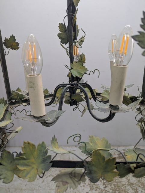 Hanging Lantern In Patinated Wrought Iron Decorated With Vine Foliage - Italian Or French Work-photo-2