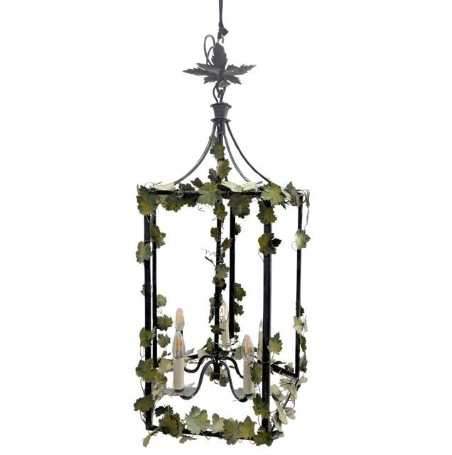 Hanging Lantern In Patinated Wrought Iron Decorated With Vine Foliage - Italian Or French Work