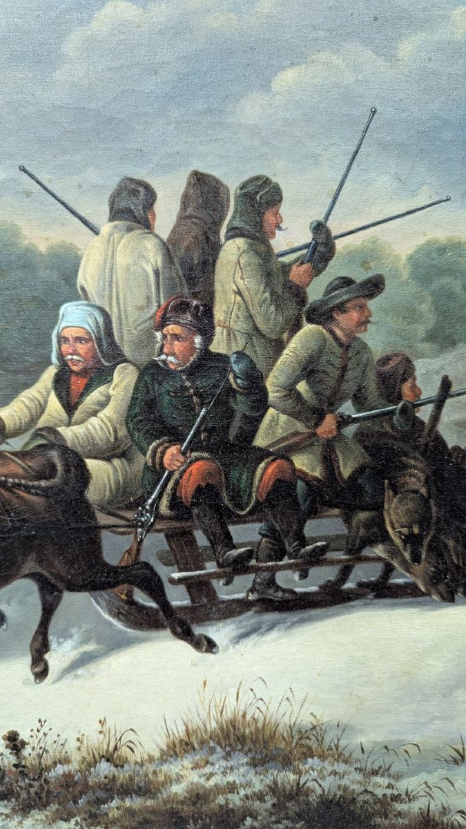École Russe, fin XIXe siècle — "Chasse au loup en traîneau" — Huile sur toile dans un cadre dor-photo-3