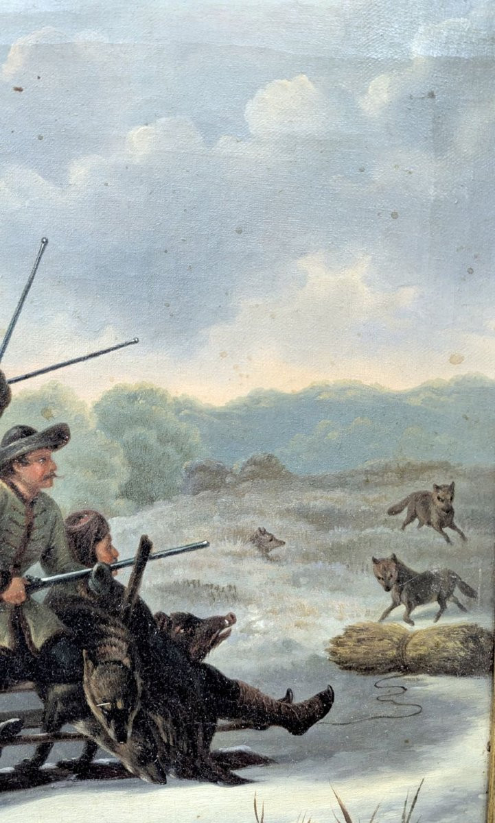 École Russe, fin XIXe siècle — "Chasse au loup en traîneau" — Huile sur toile dans un cadre dor-photo-4